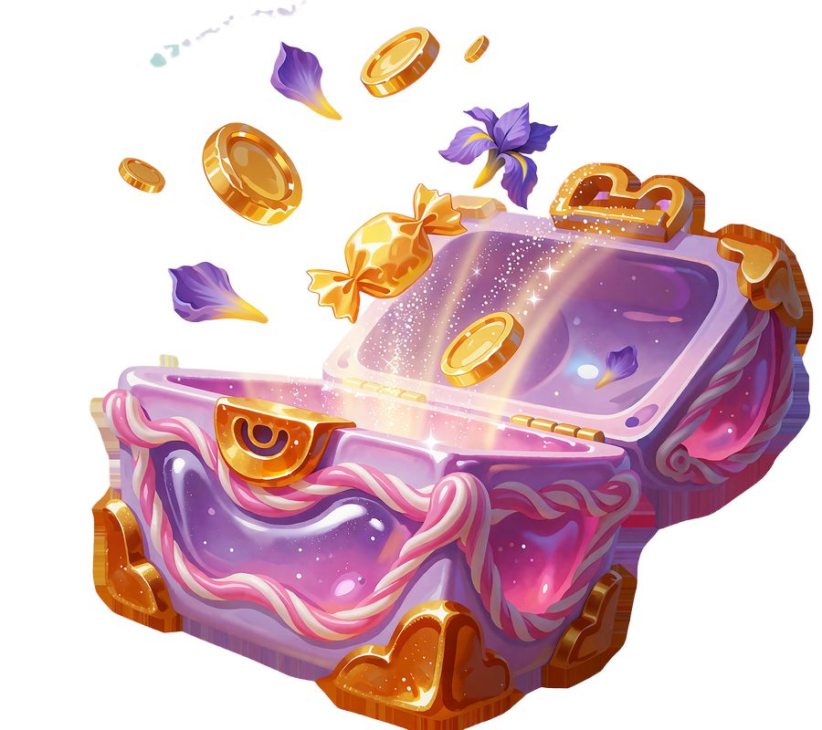 Otwarta lukrecjowa skrzynia ze złotymi cukierkowymi monetami i płatkami irysa - loot box w Bonus Shop Iris Casino