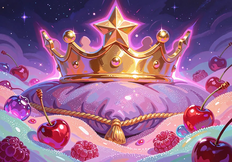 Złota korona na fioletowej poduszce wśr&oacute;d cukierk&oacute;w - kr&oacute;lewski slot w nocnym klimacie