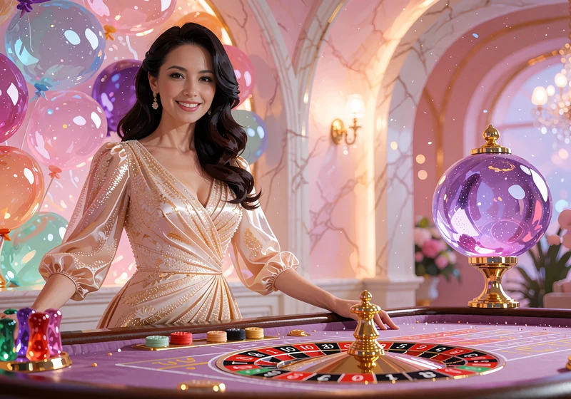 Uśmiechnięta krupierka przy stole ruletki w marmurowym studiu kasyna live Iris Casino