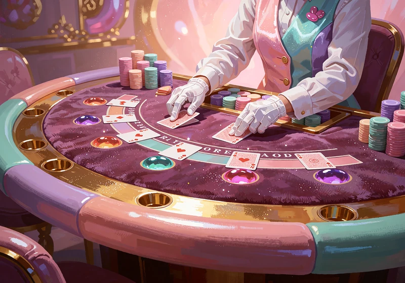 Krupier rozdaje karty przy stole blackjacka z fioletowym suknem i pastelowymi żetonami